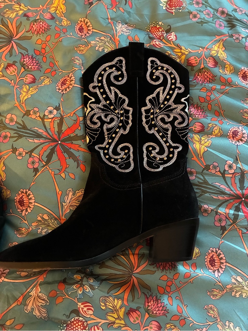 Dolce Vita Black Suede Embellished Western Heeled Boots - Picture 7 of 12
